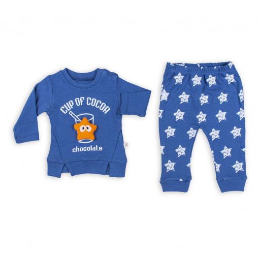 Bluza chocolate si pantalon cu stelute pentru bebelusi, bumbac, albastru, 1-6 luni