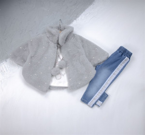 Compleu Beautiful, Gri, 3 Piese, Gecuta Pufoasa, Bluza si Blugi, Pentru Fetite, 1-3 ani