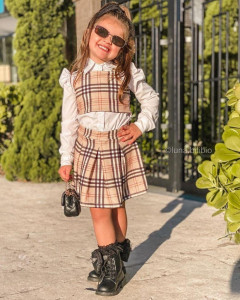 Compleu Carouri, Crem-Alb, Pentru Fetite, 4 Piese, Camasa, Fustita, Accesoriu Fusta si Top, 5-12 ani