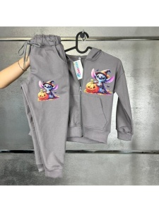 Trening Gri, Stitch Halloween, 100% Bumbac, 2 Piese, Hanorac cu Gluga si Fermoar, si Pantaloni, Pentru Copii, 4-12 Ani