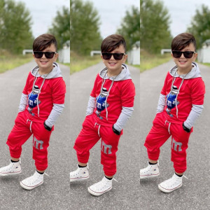 Compleu Elegant, 4 Piese, Body Rosu, Pantaloni Bleumarin, Papion si Bretele, Pentru Baietei