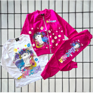 Trening Unicorn Roz, 3 Piese, Hanorac cu Gluga, Bluza si Pantaloni, Pentru Fete, 3-8 ani