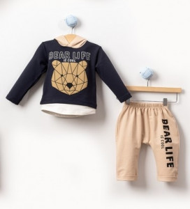 Compleu Bear Life, Crem, 2 Piese, Hanorac si Pantaloni, Pentru Bebelusi, 9-24 luni