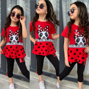 Compleu Panda pentru fetite, 100% Bumbac Rosu