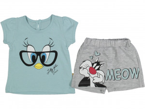Compleu pentru fetite, Tweety, Turcoaz, Bumbac 100%, 9-24 luni