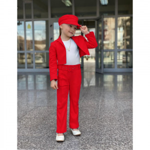 Compleu Rosu, Elegant, 5 Piese, Sacou, Maiou, Pantaloni, Curea si Sepcuta, Pentru Fetite, 3-12 ani