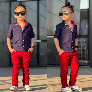 Compleu Rosu, Pentru Baieti, 2 Piese, Camasa cu Maneca Lunga si Pantaloni, 5-12 ani