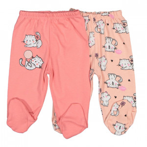 Set 2 pantaloni fetite, cu imprimeu pisicute, roz, 3-9 luni