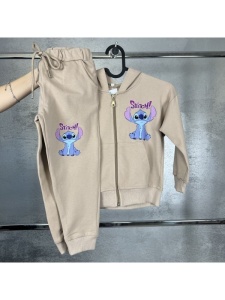 Trening Crem, Stitch, 100% Bumbac, 2 Piese, Hanorac cu Gluga si Fermoar, si Pantaloni, Pentru Copii, 4-12 Ani
