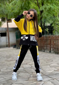 Trening Mood, Hanorac Galben si Pantaloni Negri, Pentru Fetite