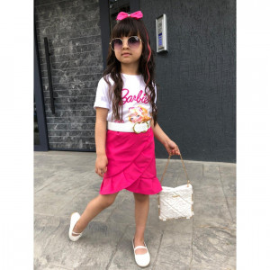 Compleu Barbie 3 piese pentru fetite fusta, tricou si curea, Roz