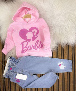 Compleu Barbie, Roz, 2 Piese, Hanorac si Blugi, Pentru Fete, 2-10 Ani - Img 2