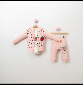 Compleu Capsunica, Roz, 3 Piese, Body, Bluza si Pantaloni, Pentru Fetite, 3-12 luni