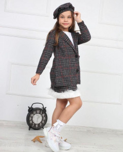 Compleu Maro Elegant, 4 Piese, Sacou, Bluza, Fustita si Bascuta, Pentru Fete
