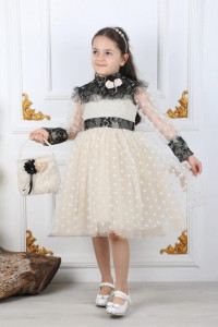 Rochita Crem, Eleganta, cu Bulinute si Dantela, Pentru Fetite, 4-12 ani