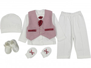 Set Botez, 6 Piese, Vesta, Bluza, Pantaloni, Caciulita, Botosei si Manusi, Pentru Baietei, 100% Bumbac, Visiniu 
