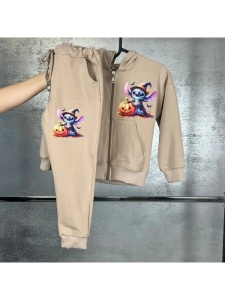 Trening Crem, Stitch Halloween, 100% Bumbac, 2 Piese, Hanorac cu Gluga si Fermoar, si Pantaloni, Pentru Copii, 4-12 Ani