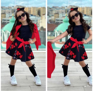 Compleu 5 piese pentru fete Fustita, Sacou, Tricou, Bentita si Curea, Rosu, 7-12 ani