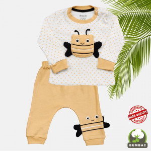 Compleu bebe bluza cu pantalon albinuta, bumbac, crem, 6-18 luni