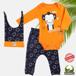 Compleu bebelusi Monkey, 100% bumbac, portocaliu, 6-9 luni - Img 2