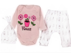 Compleu Flower, Roz-Alb, 3 Piese, Body, Pantaloni si Caciulita, 100% Bumbac, Pentru Fetite, 3-9 luni