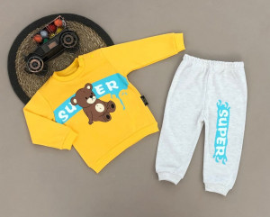Compleu Super Bear, Galben, 2 Piese, Bluza si Pantaloni, Pentru Baietei, 9-18 luni