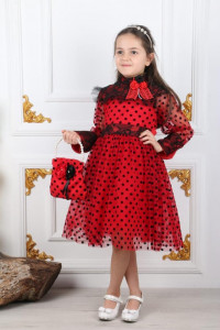 Rochita Rosu, Eleganta, cu Bulinute si Dantela, Pentru Fetite, 4-12 ani
