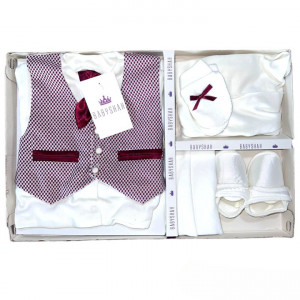 Set Botez, 6 Piese, Vesta, Bluza, Pantaloni, Caciulita, Botosei si Manusi, Pentru Baietei, 100% Bumbac, Visiniu 