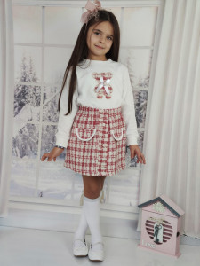 Compleu fetite ,bluza, fustita, urs, bumbac,rosu, 3-8 ani