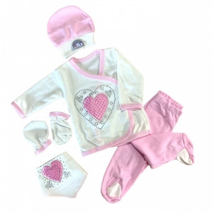 SET 5 PIESE PENTRU FETITE INIMA, 100% BUMBAC ROZ