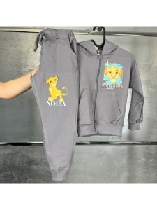 Trening Gri, Lion King, 100% Bumbac, 2 Piese, Hanorac cu Gluga si Fermoar, si Pantaloni, Pentru Copii, 4-12 Ani