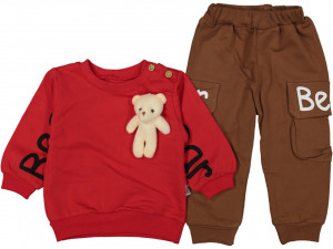 Compleu 2 piese, Bluza cu Ursulet si Pantaloni, Pentru Baietei, Bumbac 100%, Rosu, 9-24 luni