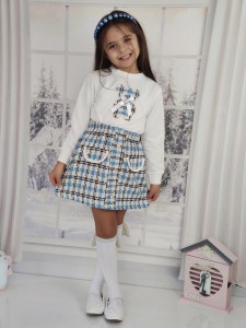 Compleu fetite,bluza,fustita,urs,bumbac,albastru