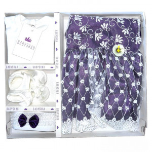 Set Botez, 4 Piese, Broderie, Pentru Fetite, Mov