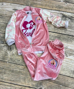 Trening Barbie, Din Catifea, Roz-Crem, 3 Piese, Bluza, Hanorac si Pantaloni, Pentru Fete, 4-10 ani