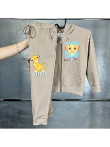 Trening Crem, Lion King, 100% Bumbac, 2 Piese, Hanorac cu Gluga si Fermoar, si Pantaloni, Pentru Copii, 4-12 Ani