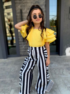 Compleu 3 piese Pantaloni, Tricou si Gentuta pentru fete, Galben