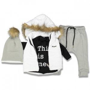 Compleu 4 Piese, Vesta, Bluza, Pantaloni si Caciula, Pentru Bebelusi, Gri
