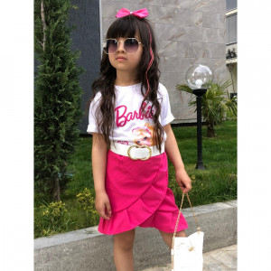 Compleu Barbie 3 piese pentru fetite fusta, tricou si curea, Roz