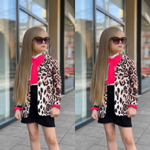 Compleu Elegant, Leopard, 4 Piese, Camasa, Sacou, Pantaloni Scurti si Fundita, Pentru Fetite, 3-12 ani
