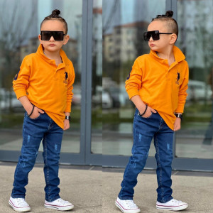 Compleu Portocaliu, Pentru Baieti, 2 Piese, Bluza cu Maneca Lunga si Blugi, 5-12 ani