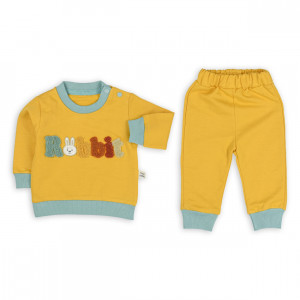 Compleu rebbit 2 piese pentru bebelusi, bumbac, galben, 3-6 luni