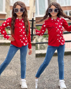 Compleu Rosu cu Buline, 2 Piese, Camasa si Pantaloni, Pentru Fetite, 4-12 ani