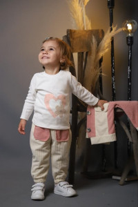 Compleu Roz-Crem, 3 Piese, Jacheta, Bluza si Pantaloni, Pentru Fetite