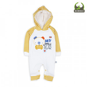Salopeta bebelusi, My little bear, cu gluga, alb-galben, 3-9 luni