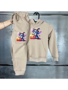 Trening Crem, Stitch Halloween, 100% Bumbac, 2 Piese, Hanorac cu Gluga si Pantaloni, Pentru Copii, 4-12 Ani