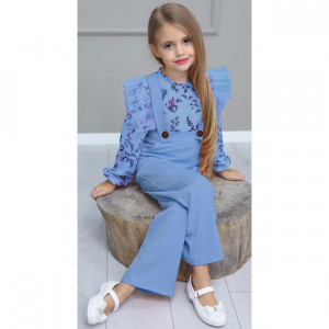 COMPLEU 2 PIESE SALOPETA SI BLUZA INFLORATA PENTRU FETE, ALBASTRU