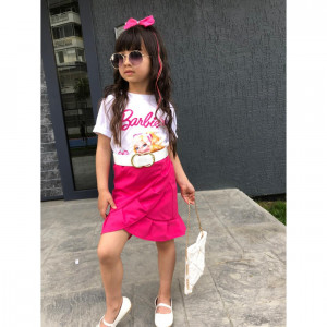 Compleu Barbie 3 piese pentru fetite fusta, tricou si curea, Roz