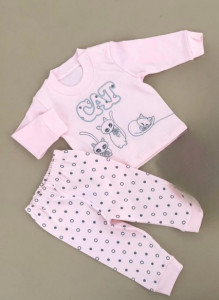 Compleu Pisicute, Roz, 2 Piese, Bluza si Pantaloni, Pentru Fetite, 9-18 luni