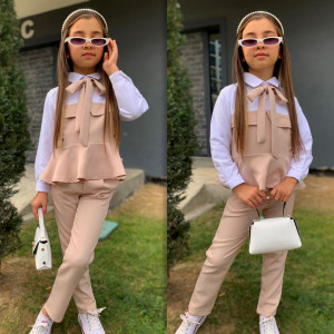 Compleu Alb-Crem, Elegant, 3 Piese, Bluza, Pantaloni si Curea, Pentru Fetite, 4-12 ani
